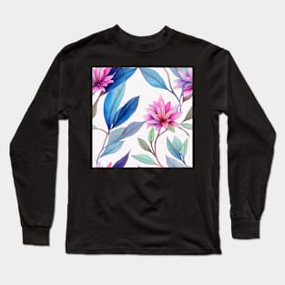 Blue watercolor leaves pattern Long Sleeve T-Shirt